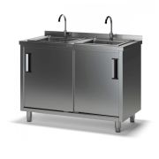 Двухсекционная ванна моечная СКМ-2 с тумбой с бортом (1500х600х870), 2 мойки цельн. накладные 400х500х140, отверстие под смеситель сбоку