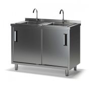 Двухсекционная ванна моечная СКМ-2 с тумбой с бортом (1500х600х870), 2 мойки цельн. вварные 400х400х250, отверстие под смеситель по центру