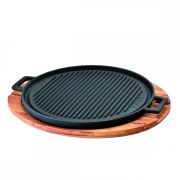 Round Griddle/Grill Plate. Dual side, reversible. Integral Metal handles and wooden service platter. Diameter (Ø) 34cm.