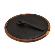 Деревянный поднос с чугунным блюдом(Ø)29cm. (4 pieces Silicon seperater, between wood and plate)